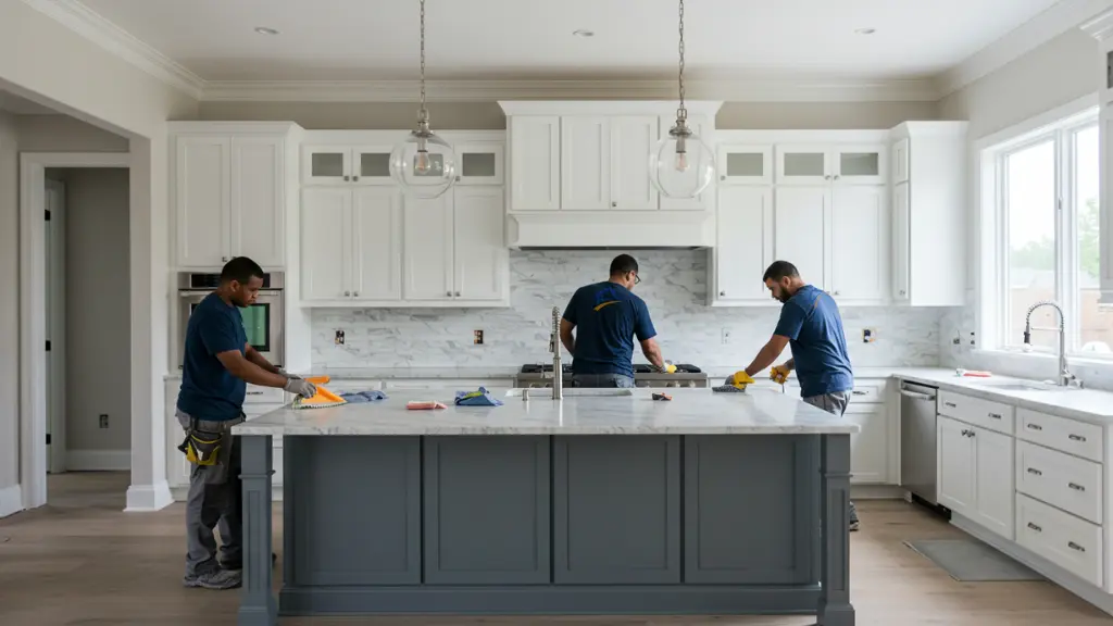 Three men in matching blue shirts finishing the installation of white cabinets and marble countertops in a spacious kitchen.