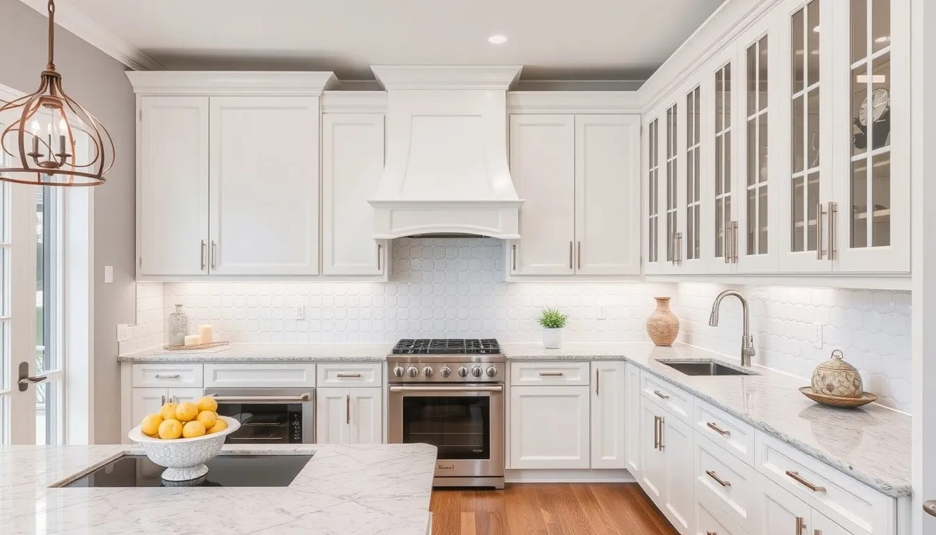 Modern Houston kitchen with quartz countertops, deep blue cabinetry, and natural lighting.